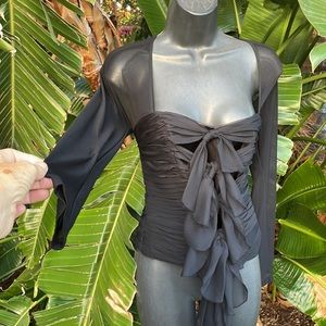 Cartisse romantic Gothic bow front corset top with mesh sleeves